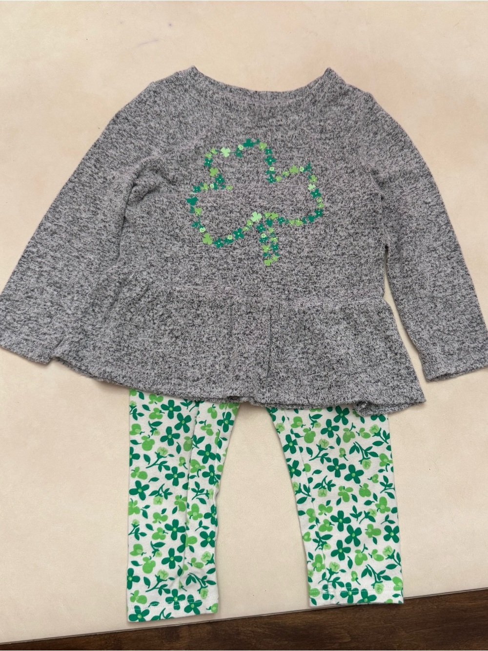 Cat & Jack Grey Peplum Top with Green Shamrock Detail and Pants